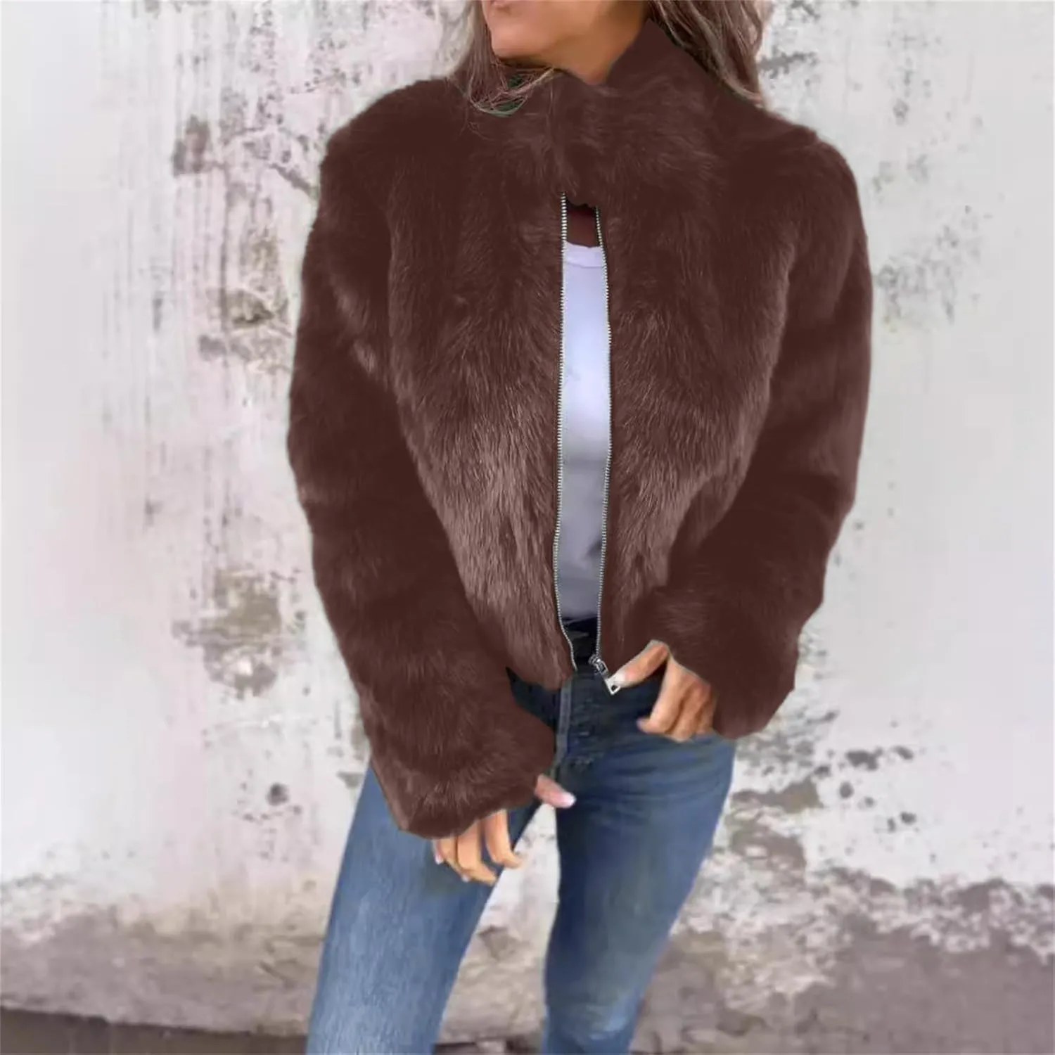 Women's Fashion Cropped Faux r Wool Jacket Shaggy Warm Open Front Cardigan Coat Casual Long Sleeve lffy