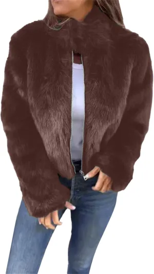 Women's Fashion Cropped Faux r Wool Jacket Shaggy Warm Open Front Cardigan Coat Casual Long Sleeve lffy