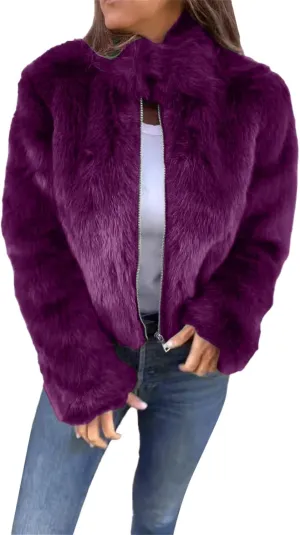 Women's Fashion Cropped Faux r Wool Jacket Shaggy Warm Open Front Cardigan Coat Casual Long Sleeve lffy