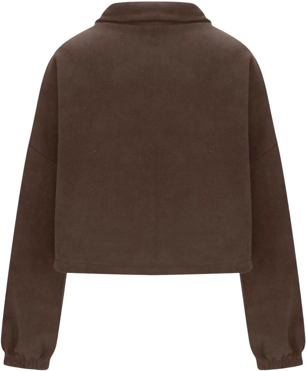 Womens Fashion Oversized Sweatshirts Zip Up Jacket Fleece Cropped Coats Teen Girls Long Sleeve Stand Collar Y2K Clothes