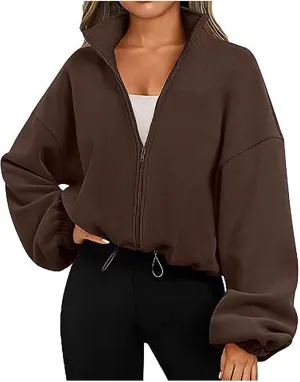 Womens Fashion Oversized Sweatshirts Zip Up Jacket Fleece Cropped Coats Teen Girls Long Sleeve Stand Collar Y2K Clothes