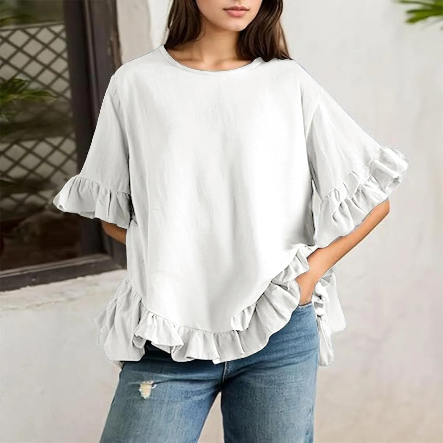 Womens Half Sleeve Tops Crewneck Cute Floral Blouses Summer Lightweight Ruffle Sleeve Shirts Loose Fit Daily Tunic Wear