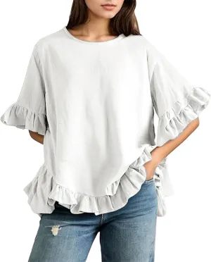 Womens Half Sleeve Tops Crewneck Cute Floral Blouses Summer Lightweight Ruffle Sleeve Shirts Loose Fit Daily Tunic Wear