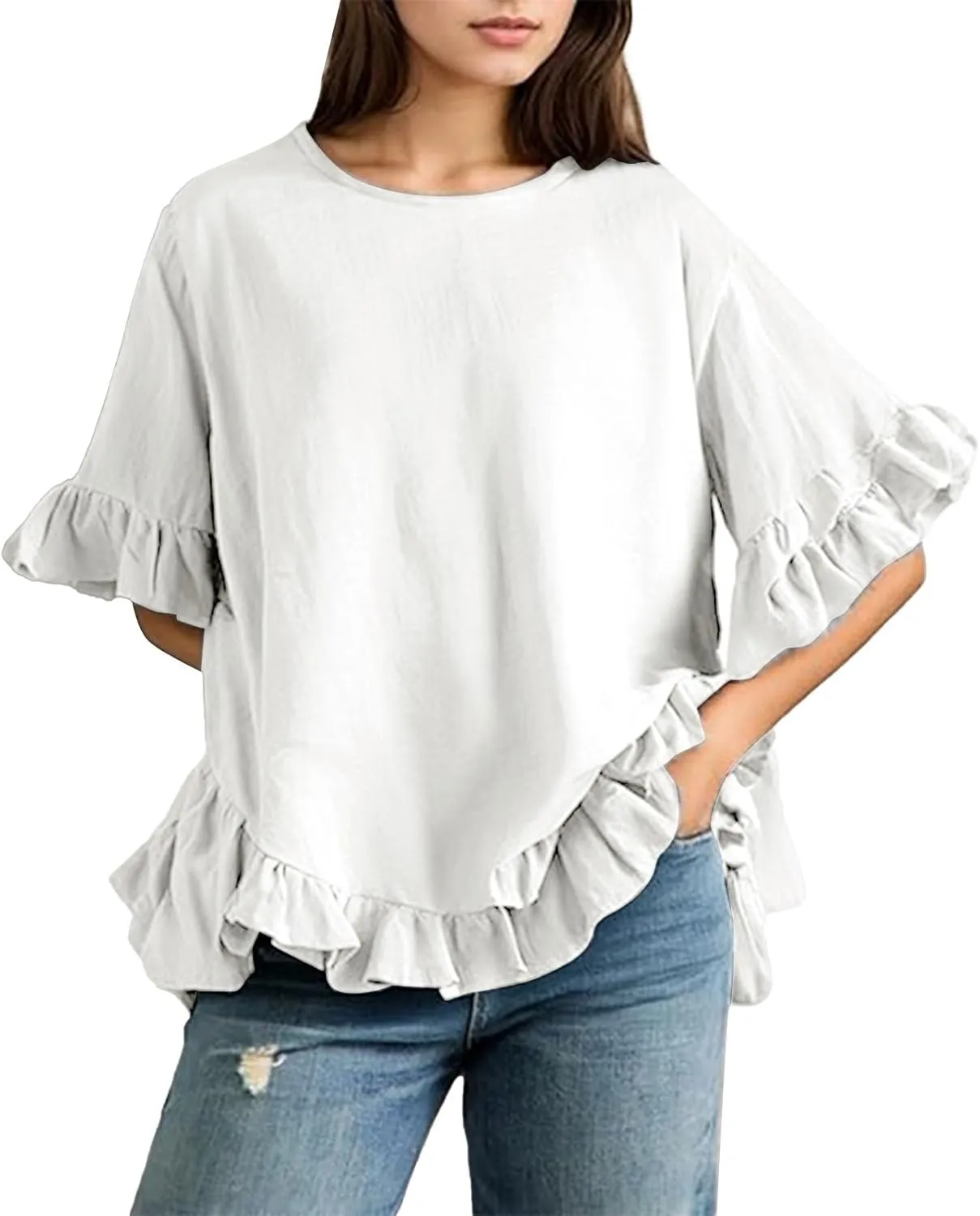 Womens Half Sleeve Tops Crewneck Cute Floral Blouses Summer Lightweight Ruffle Sleeve Shirts Loose Fit Daily Tunic Wear