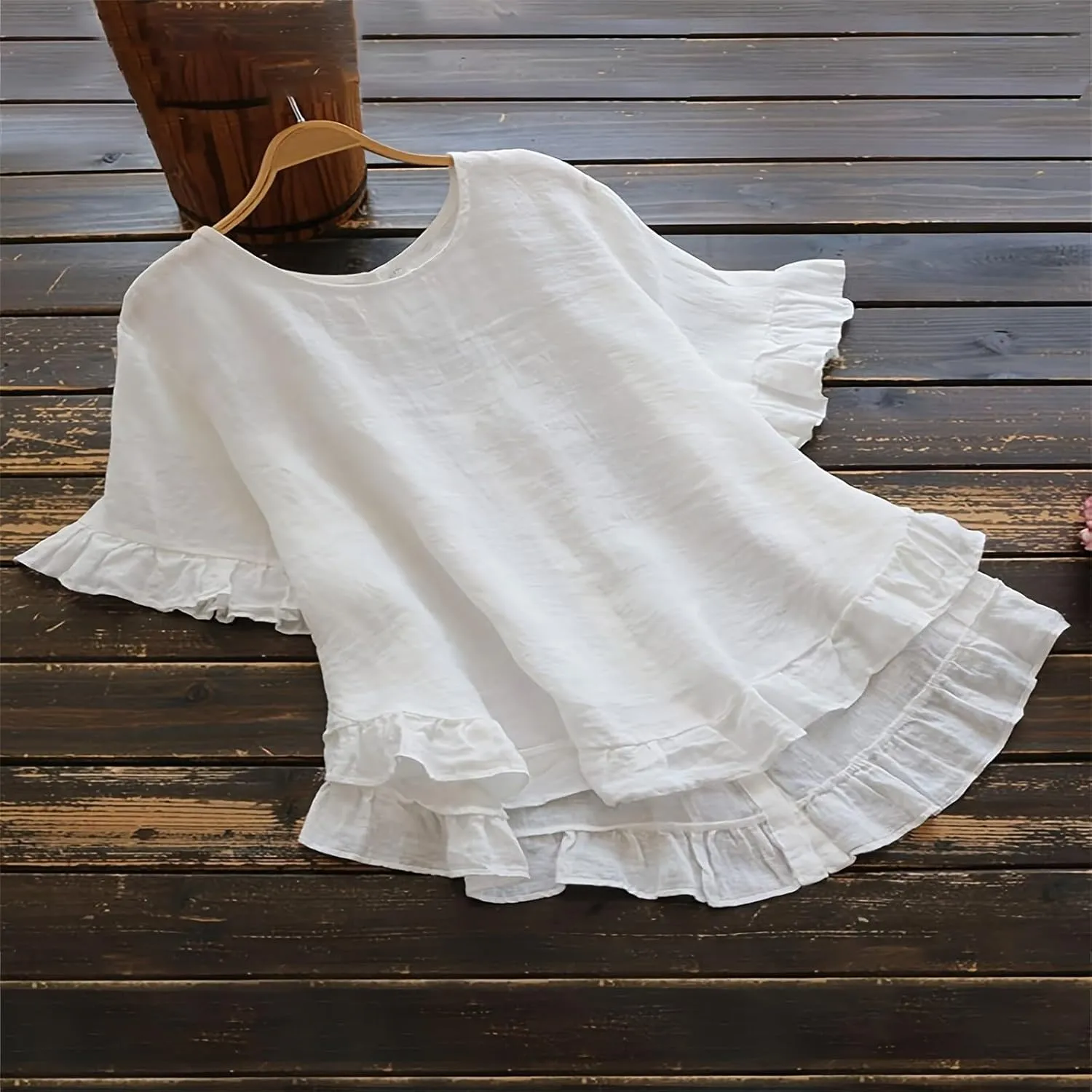 Womens Half Sleeve Tops Crewneck Cute Floral Blouses Summer Lightweight Ruffle Sleeve Shirts Loose Fit Daily Tunic Wear