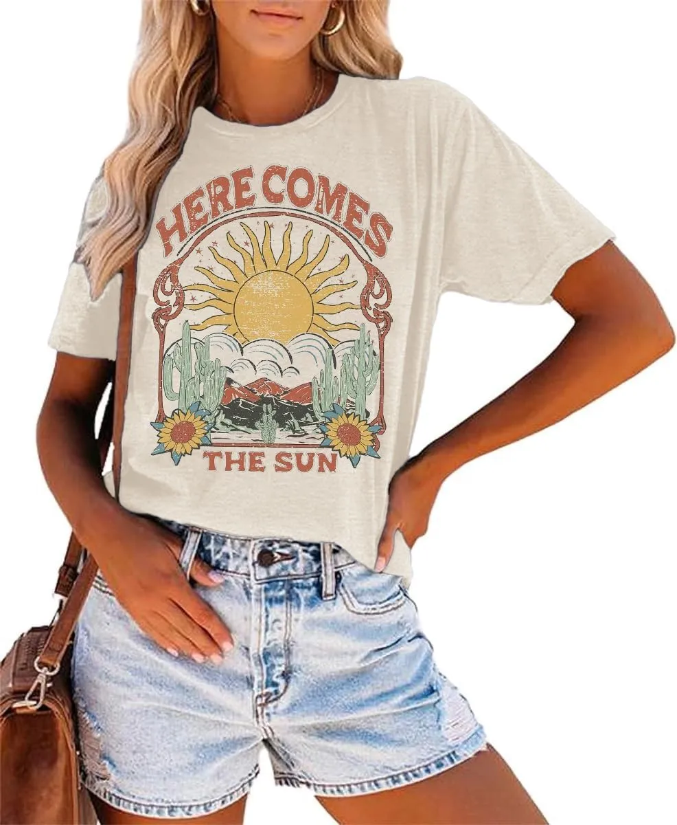 Women's Here Comes The Sun Graphic Tees Retro Vintage Inspired Hippie T-Shirt Tops