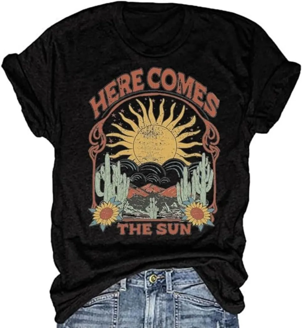 Women's Here Comes The Sun Graphic Tees Retro Vintage Inspired Hippie T-Shirt Tops