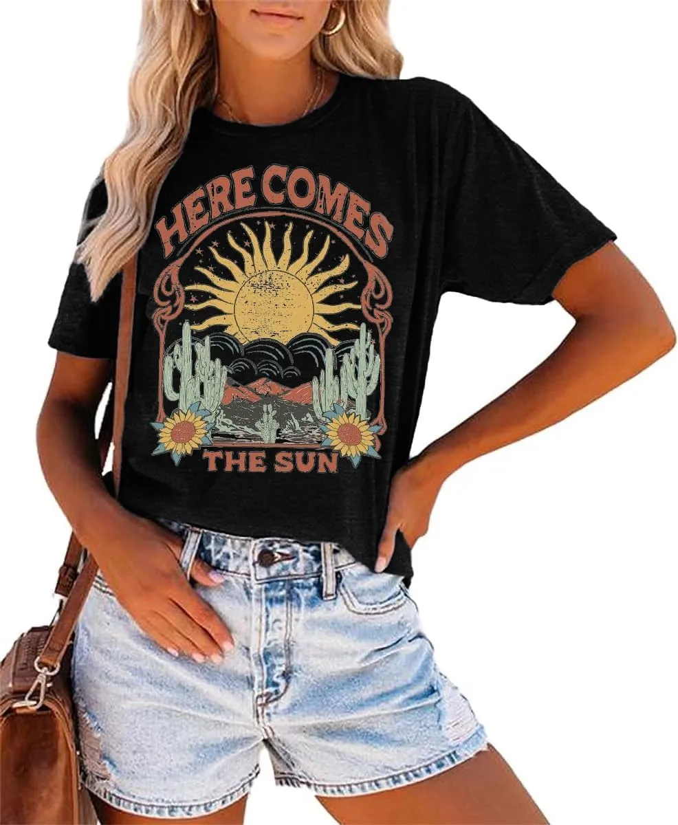 Women's Here Comes The Sun Graphic Tees Retro Vintage Inspired Hippie T-Shirt Tops