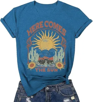 Women's Here Comes The Sun Graphic Tees Retro Vintage Inspired Hippie T-Shirt Tops
