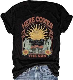 Women's Here Comes The Sun Graphic Tees Retro Vintage Inspired Hippie T-Shirt Tops
