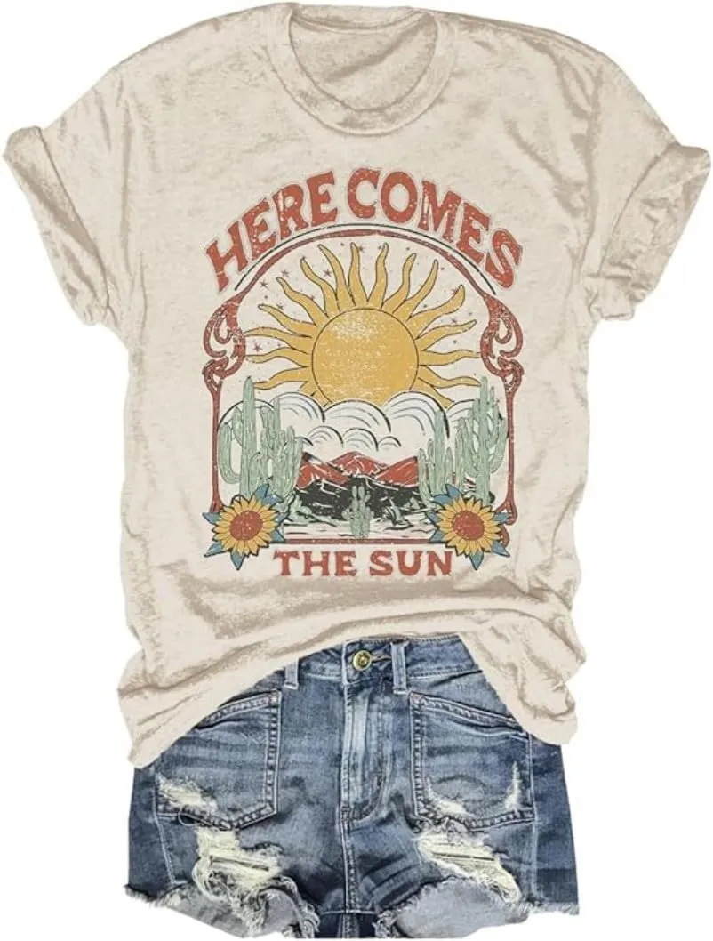 Women's Here Comes The Sun Graphic Tees Retro Vintage Inspired Hippie T-Shirt Tops