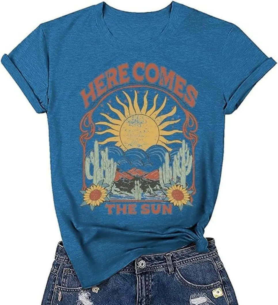 Women's Here Comes The Sun Graphic Tees Retro Vintage Inspired Hippie T-Shirt Tops
