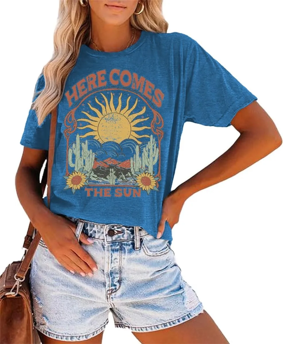 Women's Here Comes The Sun Graphic Tees Retro Vintage Inspired Hippie T-Shirt Tops