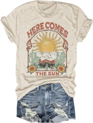 Women's Here Comes The Sun Graphic Tees Retro Vintage Inspired Hippie T-Shirt Tops