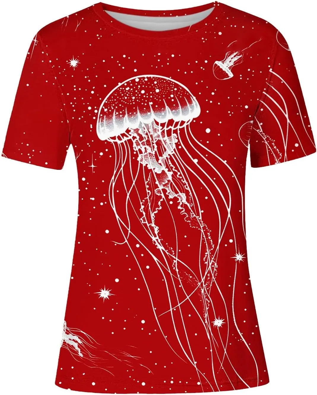 Women's Jellyfish Print Cute Summer T Shirts Short Sleeve Basic Casual Crewneck Tops Loose Fit Blouse Workout Clothes