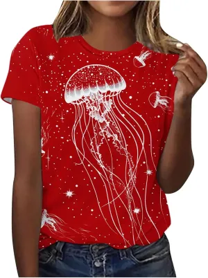 Women's Jellyfish Print Cute Summer T Shirts Short Sleeve Basic Casual Crewneck Tops Loose Fit Blouse Workout Clothes