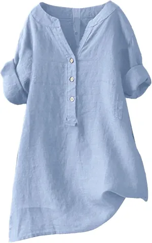 Women's Linen Shirts Summer Linen Floral Short Sleeve T Shirt Casual Loose Fit Henley V-Neck Tee Shirt