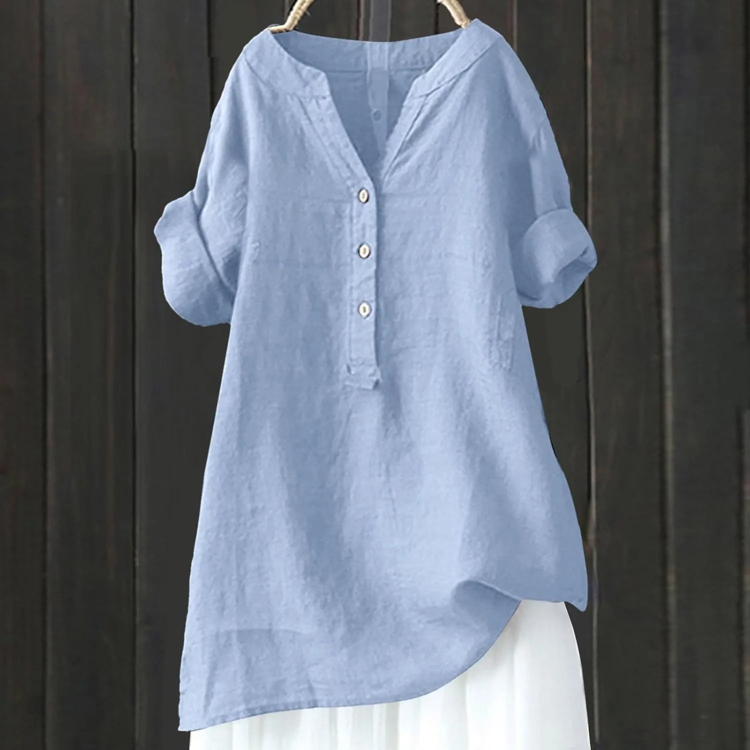 Women's Linen Shirts Summer Linen Floral Short Sleeve T Shirt Casual Loose Fit Henley V-Neck Tee Shirt
