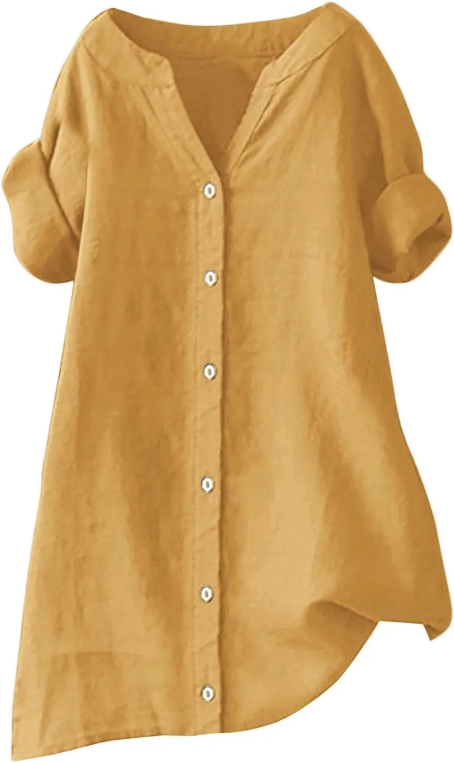 Women's Linen Shirts V-Neck Button Down Blouse Bohemian Beach Tee Shirt Short Sleeve Loose T-Shirts