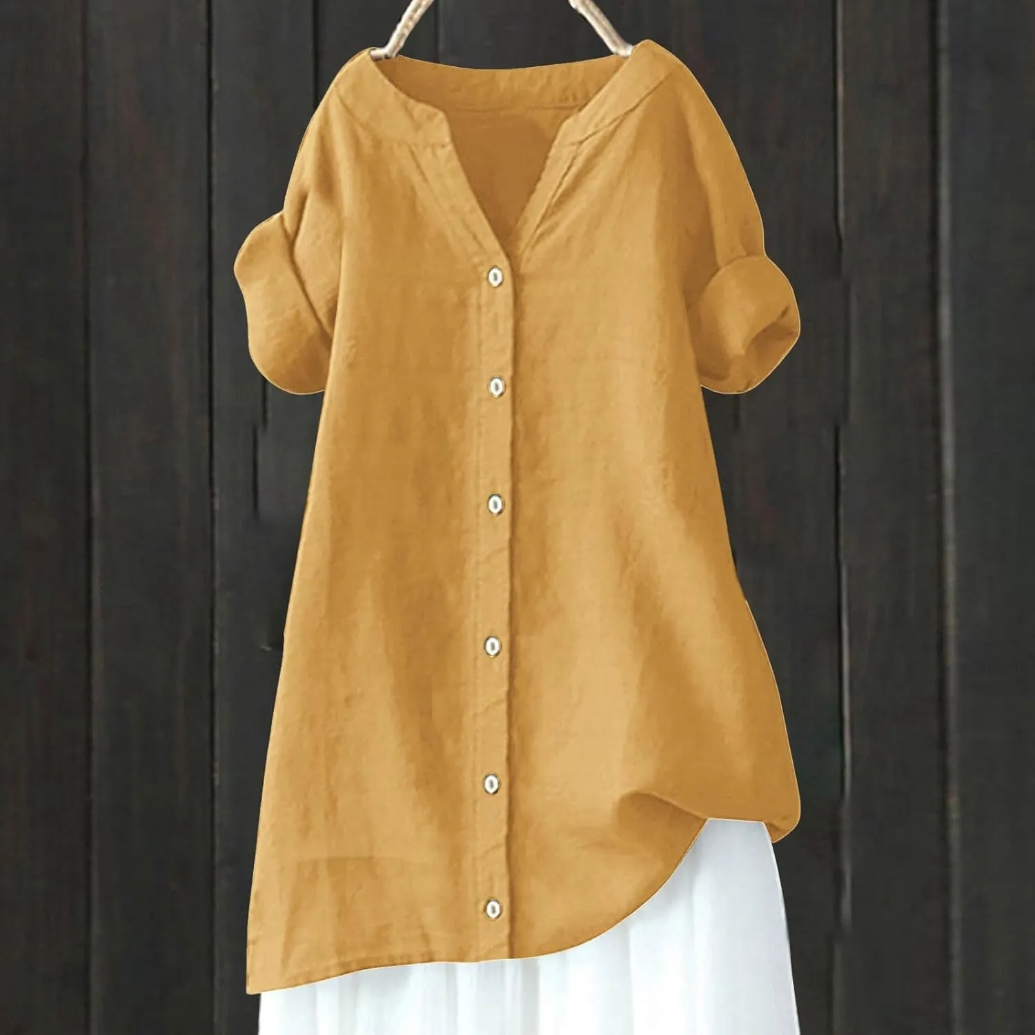 Women's Linen Shirts V-Neck Button Down Blouse Bohemian Beach Tee Shirt Short Sleeve Loose T-Shirts