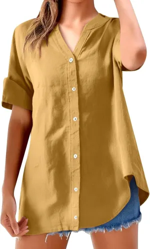 Women's Linen Shirts V-Neck Button Down Blouse Bohemian Beach Tee Shirt Short Sleeve Loose T-Shirts