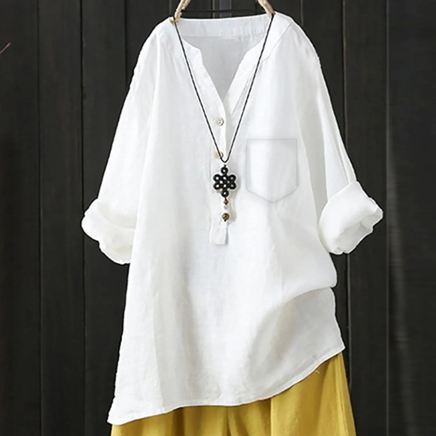 Women's Linen Shirts V Neck Buttons Blouses Lapel Collar Dressy Tops Long Sleeve Loose Fit Shirts