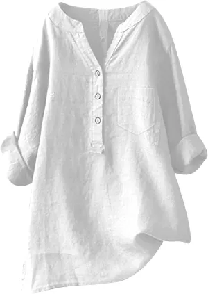 Women's Linen Shirts V Neck Buttons Blouses Lapel Collar Dressy Tops Long Sleeve Loose Fit Shirts