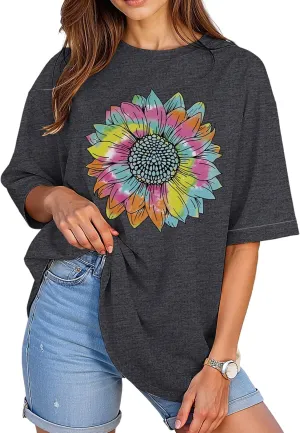 Womens Oversized Graphic Tees Vintage Casual Drop Shoulder T-Shirt Print Summer Holiday Loose Fit Tops