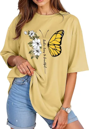 Womens Oversized Graphic Tees Vintage Casual Drop Shoulder T-Shirt Print Summer Holiday Loose Fit Tops