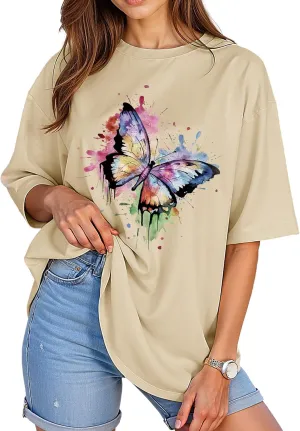 Womens Oversized Graphic Tees Vintage Casual Drop Shoulder T-Shirt Print Summer Holiday Loose Fit Tops