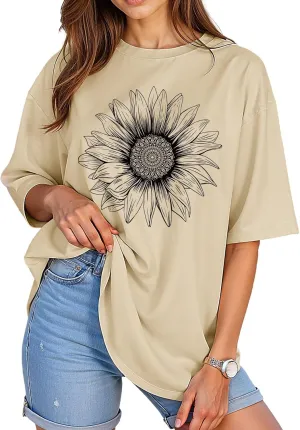 Womens Oversized Graphic Tees Vintage Casual Drop Shoulder T-Shirt Print Summer Holiday Loose Fit Tops