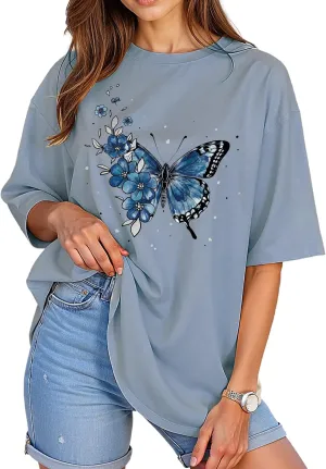 Womens Oversized Graphic Tees Vintage Casual Drop Shoulder T-Shirt Print Summer Holiday Loose Fit Tops