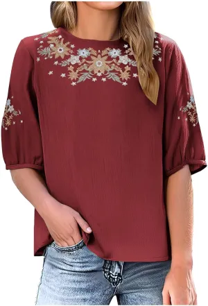 Women's Peasant Tops Summer Mexican Embroidered Shirts Loose Cotton Linen Short Sleeve Blouses Fiesta Tees