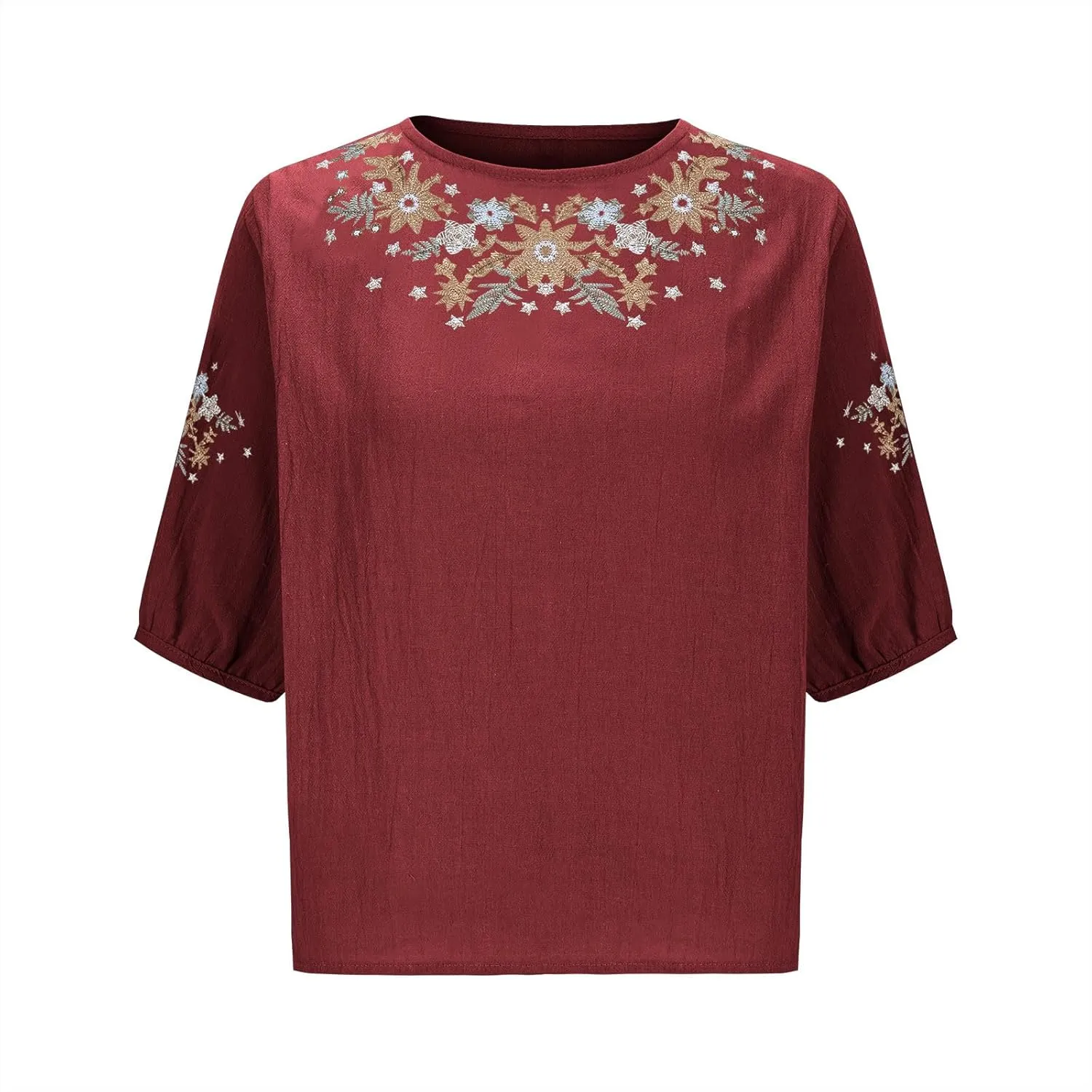 Women's Peasant Tops Summer Mexican Embroidered Shirts Loose Cotton Linen Short Sleeve Blouses Fiesta Tees