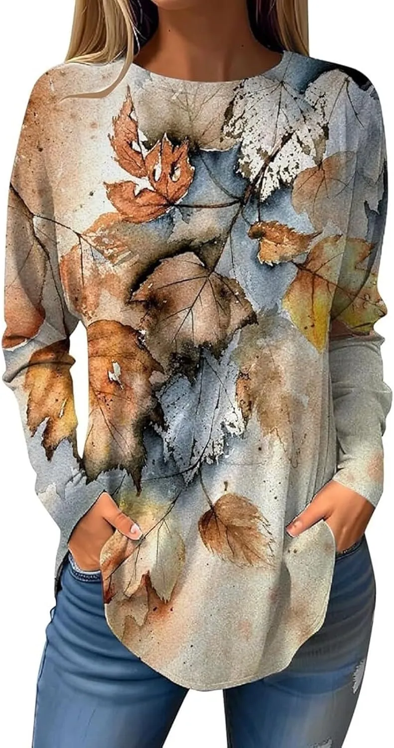 Women's Pullover Tunics Tops Casual Elegant Long Sleeve Oversized Printed Tee Shirts Fashion Crewneck Graphic Blouse