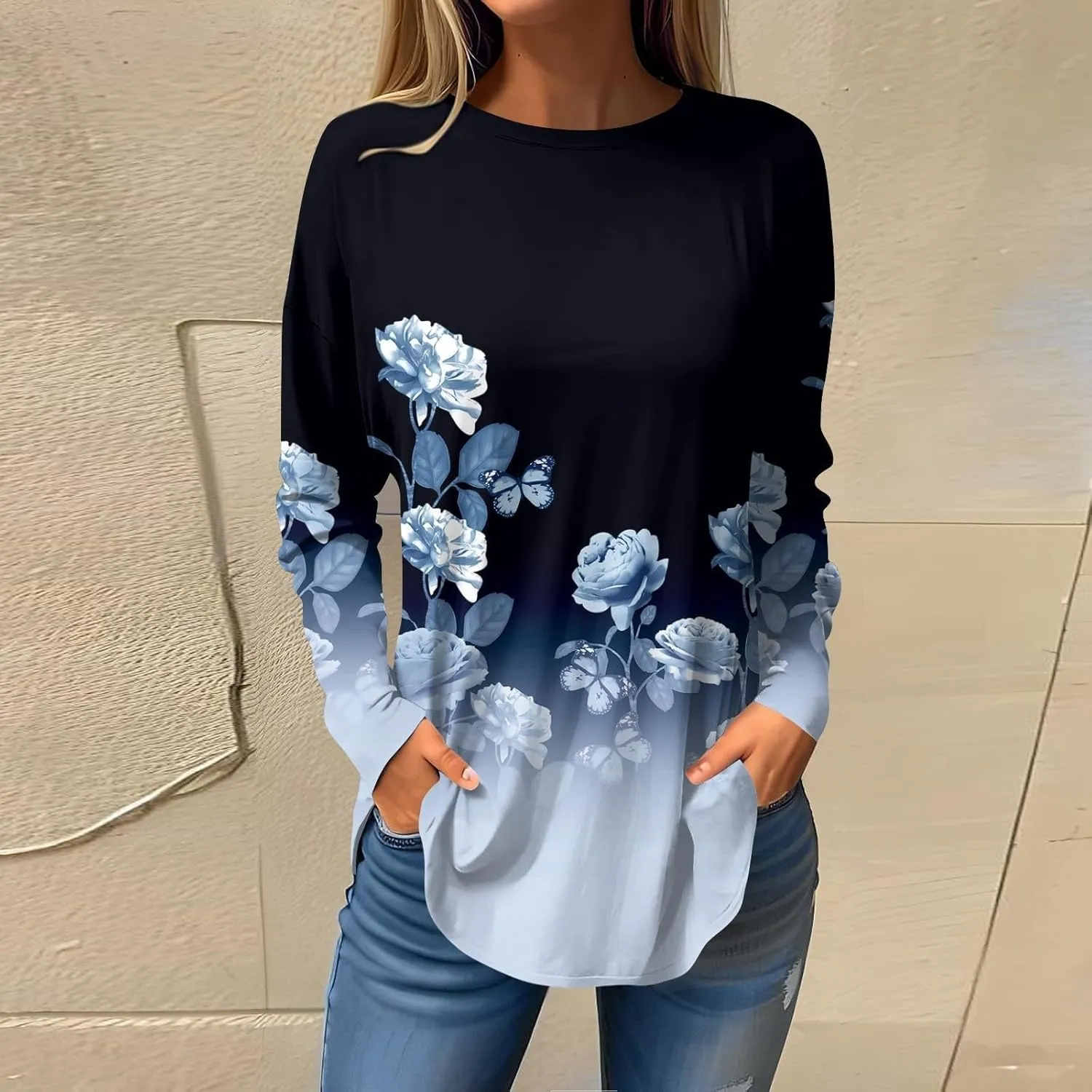 Women's Pullover Tunics Tops Casual Elegant Long Sleeve Oversized Printed Tee Shirts Fashion Crewneck Graphic Blouse