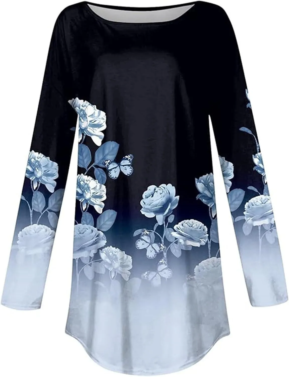 Women's Pullover Tunics Tops Casual Elegant Long Sleeve Oversized Printed Tee Shirts Fashion Crewneck Graphic Blouse