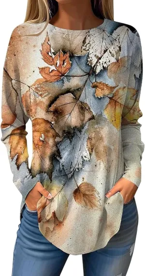 Women's Pullover Tunics Tops Casual Elegant Long Sleeve Oversized Printed Tee Shirts Fashion Crewneck Graphic Blouse