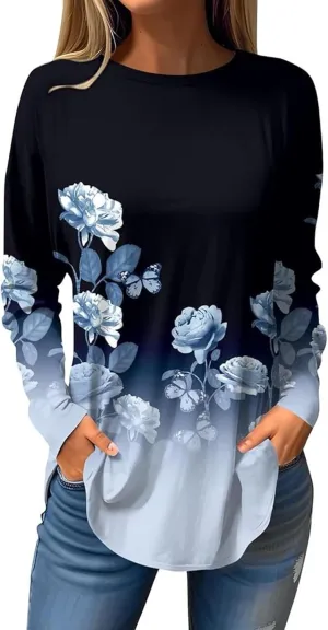 Women's Pullover Tunics Tops Casual Elegant Long Sleeve Oversized Printed Tee Shirts Fashion Crewneck Graphic Blouse