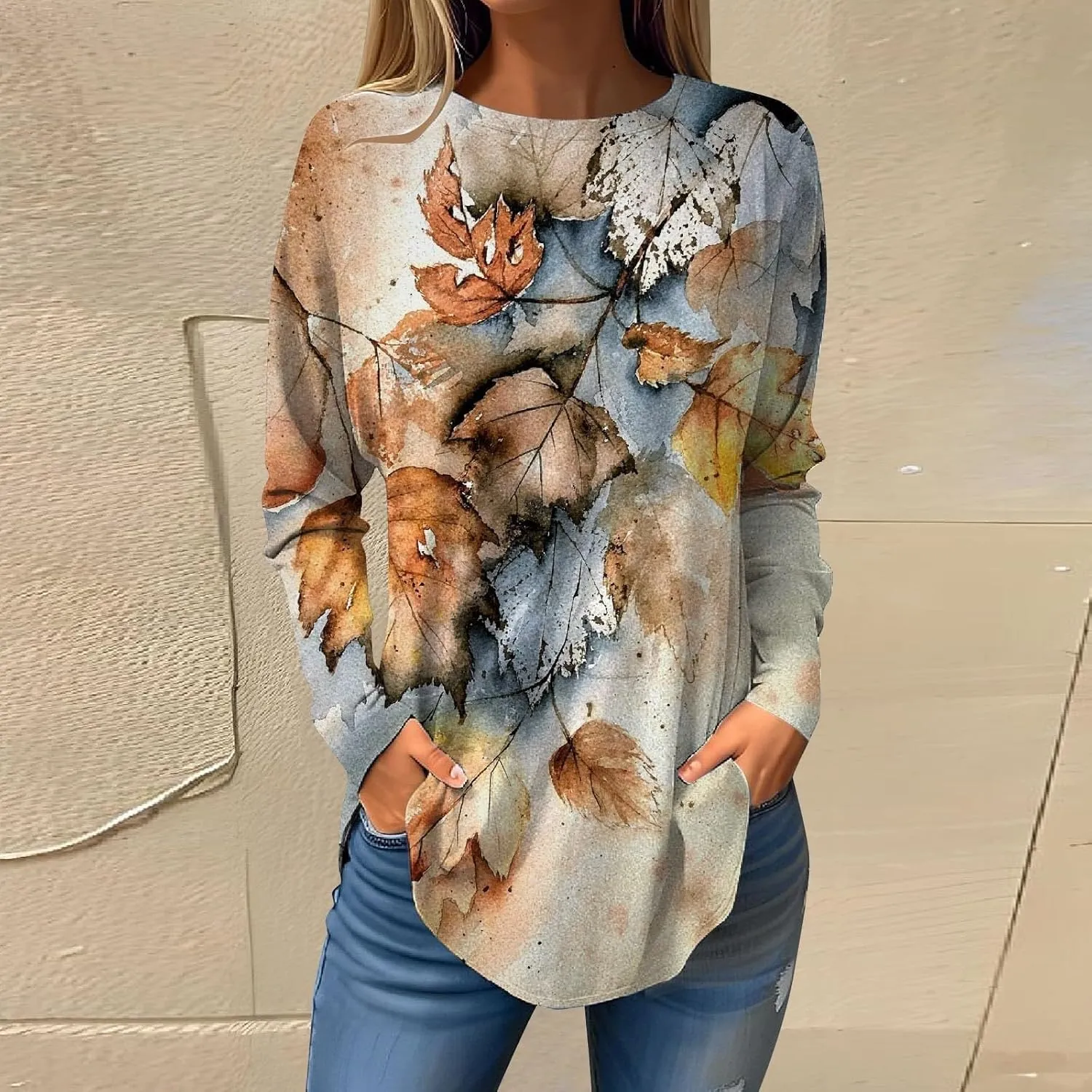Women's Pullover Tunics Tops Casual Elegant Long Sleeve Oversized Printed Tee Shirts Fashion Crewneck Graphic Blouse