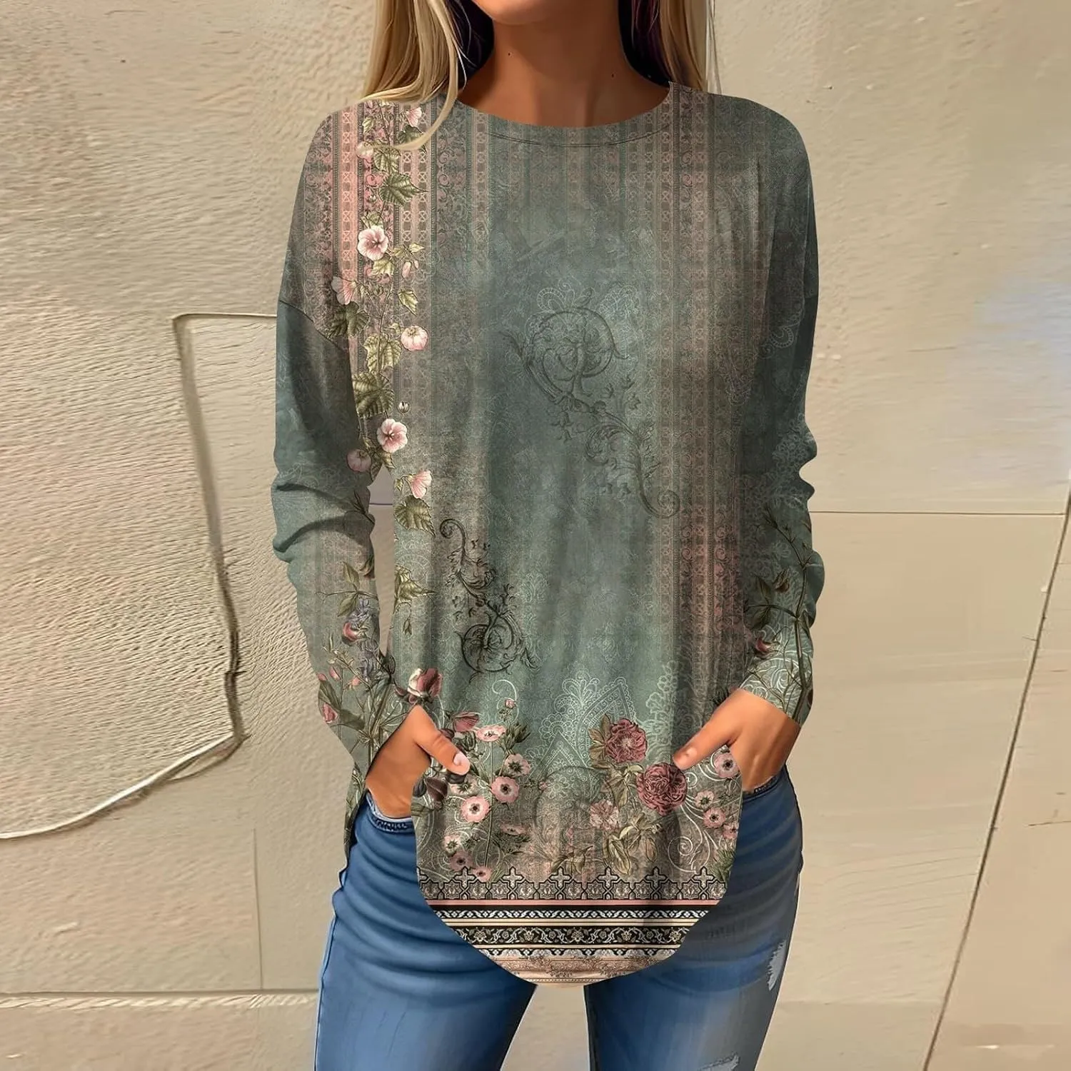 Women's Pullover Tunics Tops Casual Elegant Long Sleeve Oversized Printed Tee Shirts Fashion Crewneck Graphic Blouse