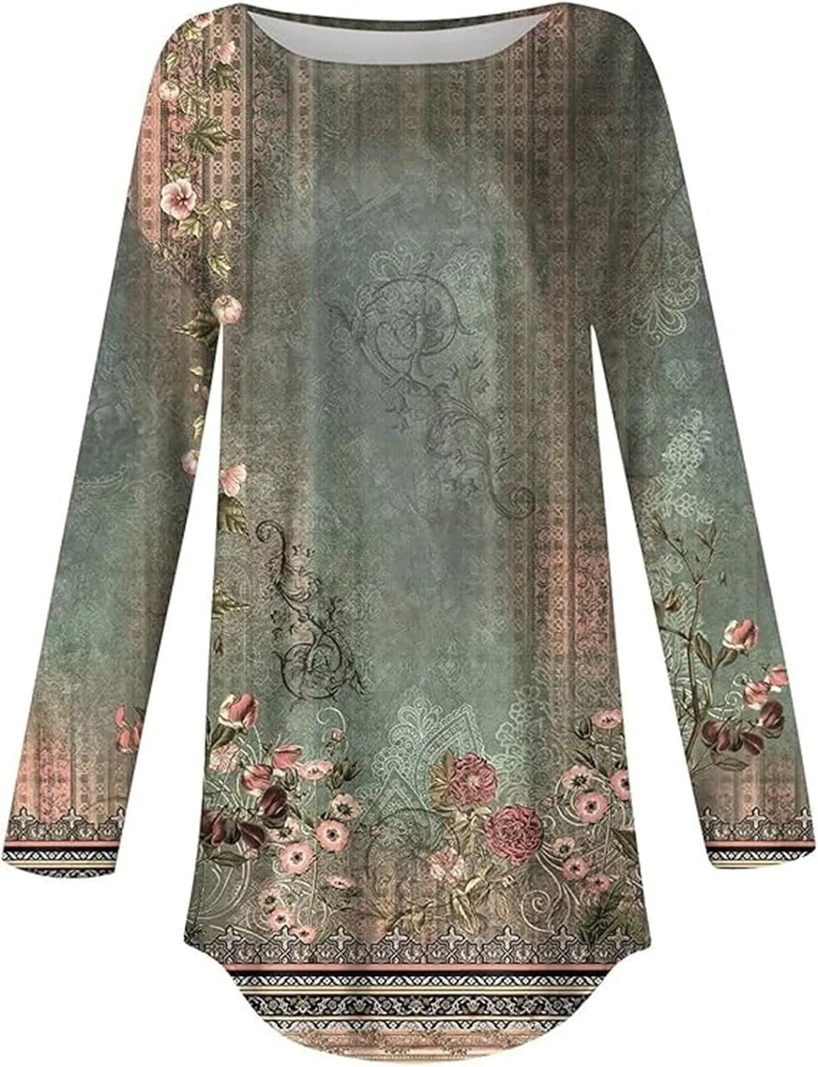 Women's Pullover Tunics Tops Casual Elegant Long Sleeve Oversized Printed Tee Shirts Fashion Crewneck Graphic Blouse