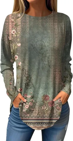 Women's Pullover Tunics Tops Casual Elegant Long Sleeve Oversized Printed Tee Shirts Fashion Crewneck Graphic Blouse