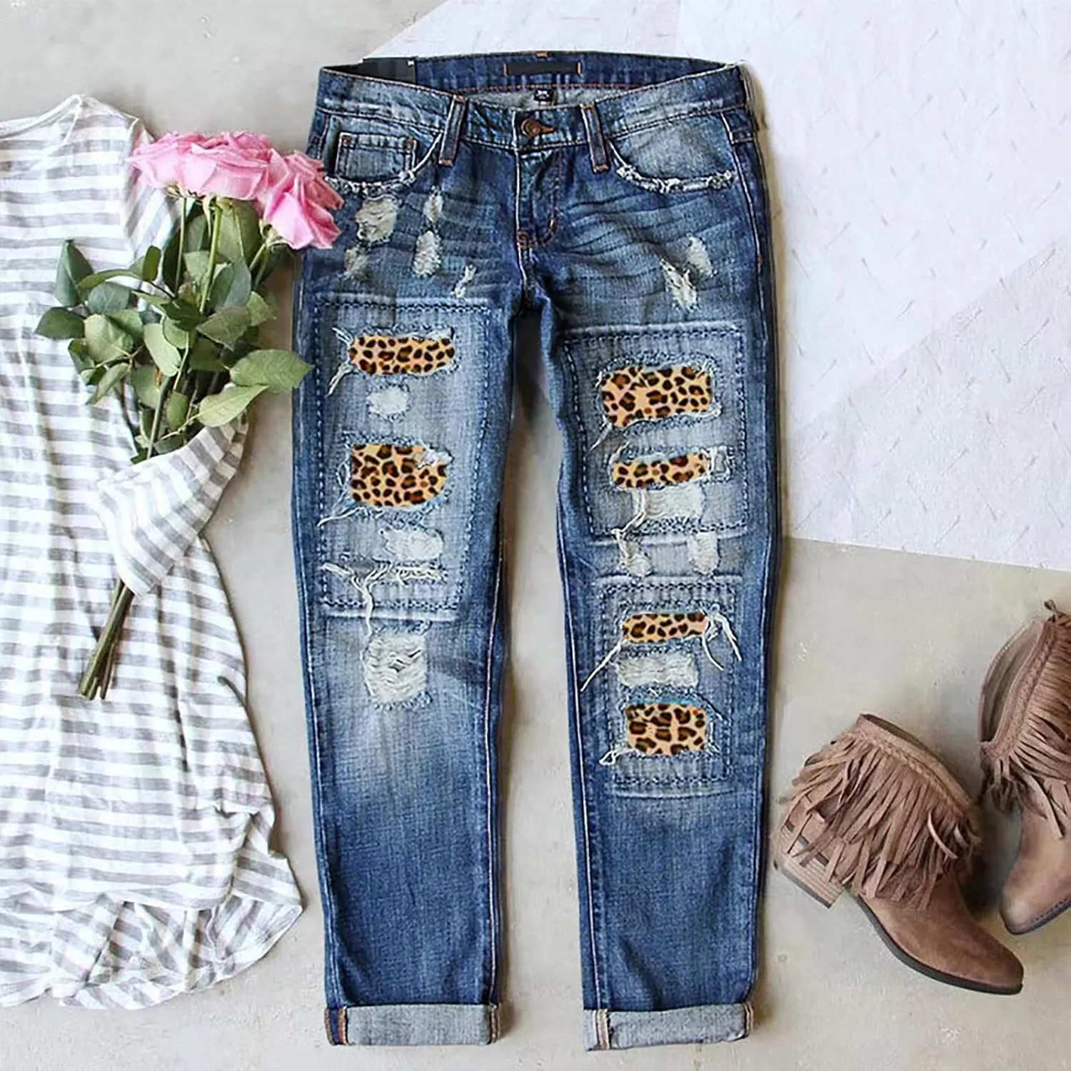 Womens Ripped Jeans Plaid Patch Boyfriend Skinny Middle Waist Distressed Denim Jean Pants