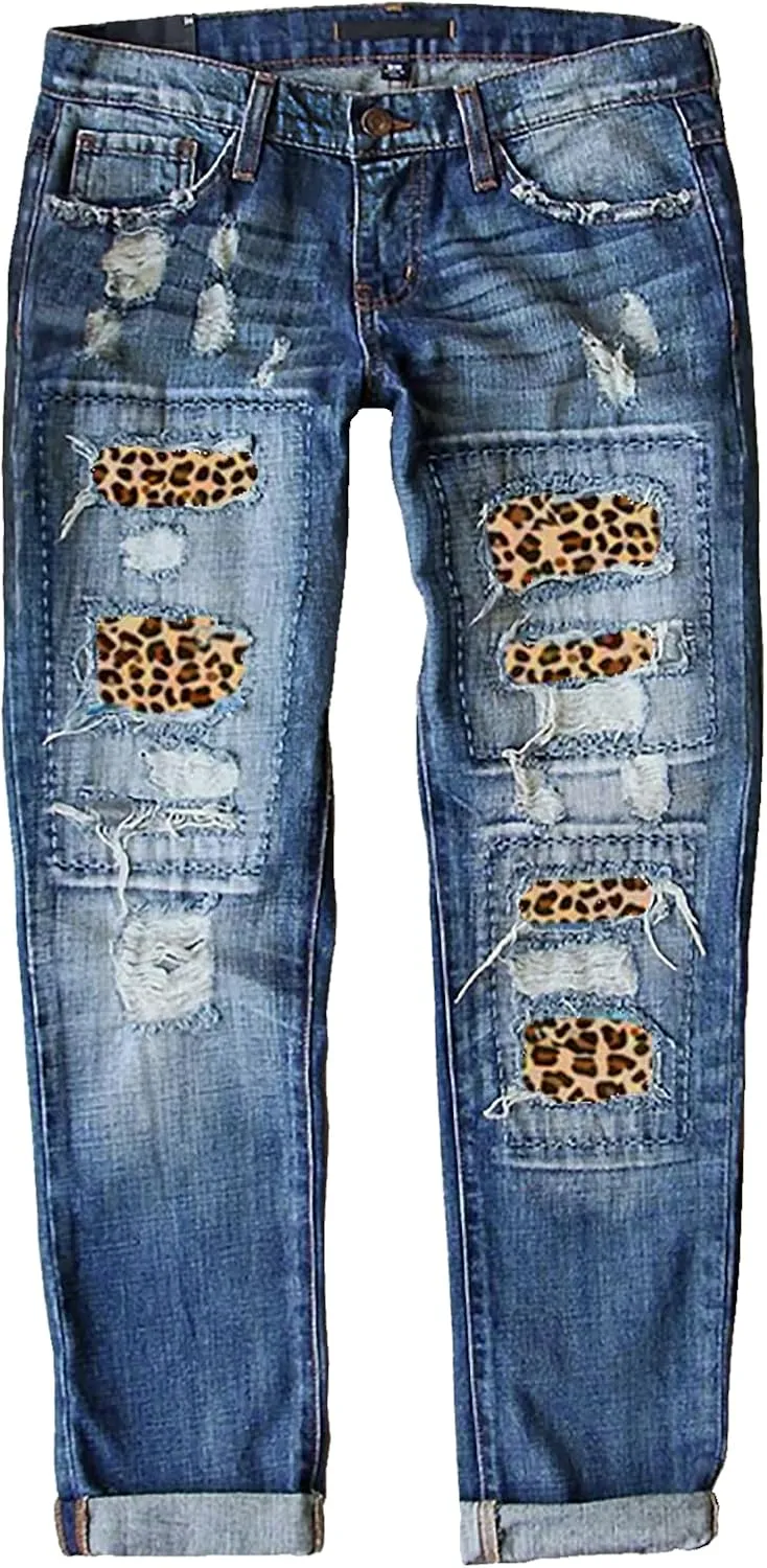 Womens Ripped Jeans Plaid Patch Boyfriend Skinny Middle Waist Distressed Denim Jean Pants