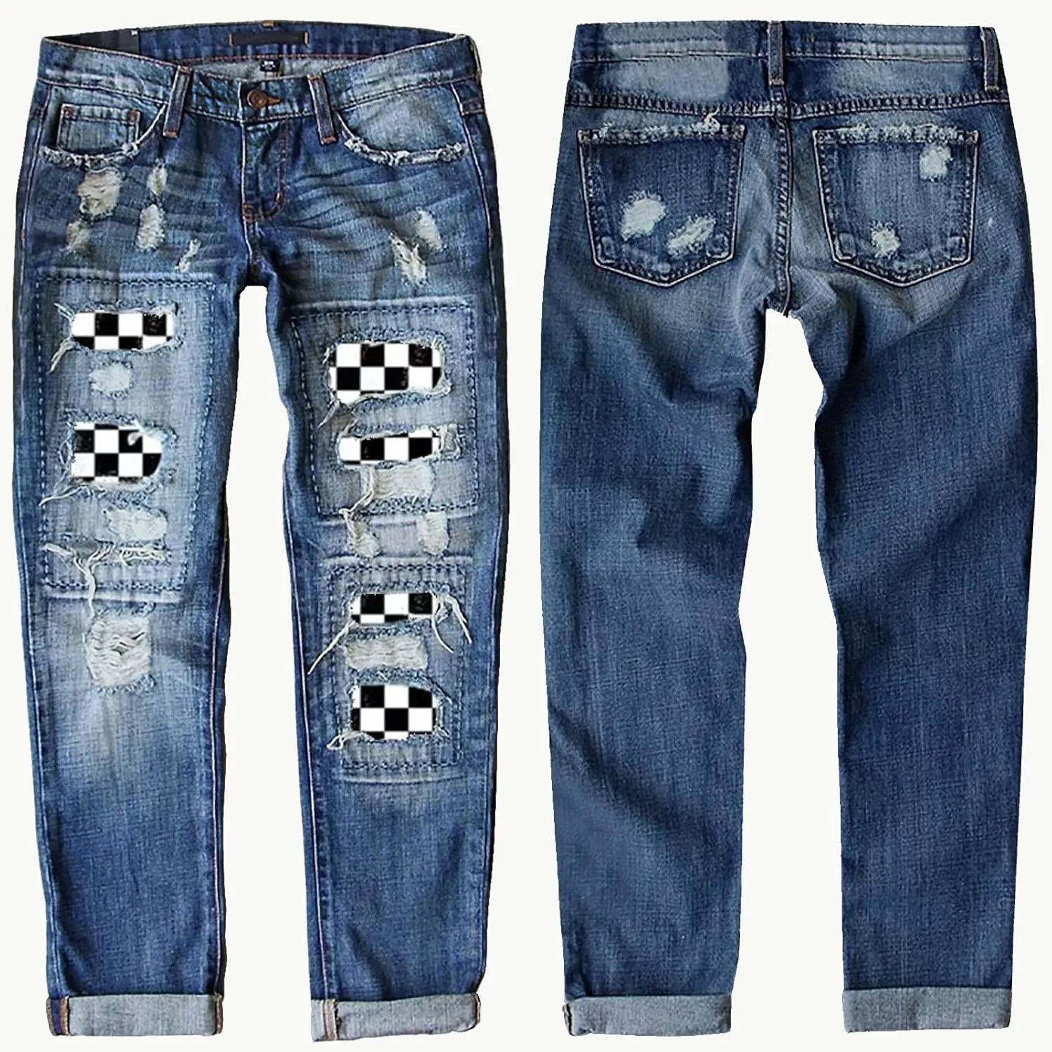 Womens Ripped Jeans Plaid Patch Boyfriend Skinny Middle Waist Distressed Denim Jean Pants