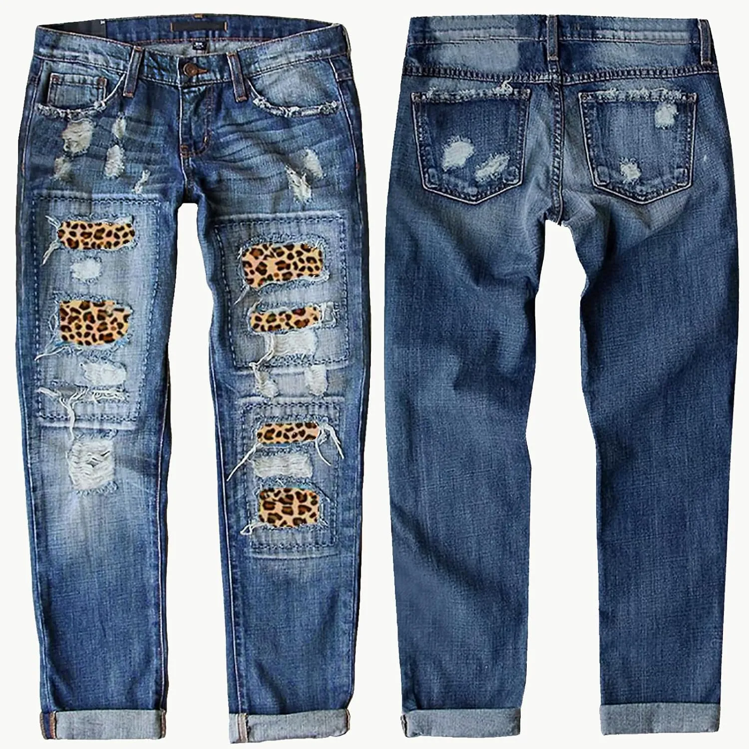 Womens Ripped Jeans Plaid Patch Boyfriend Skinny Middle Waist Distressed Denim Jean Pants