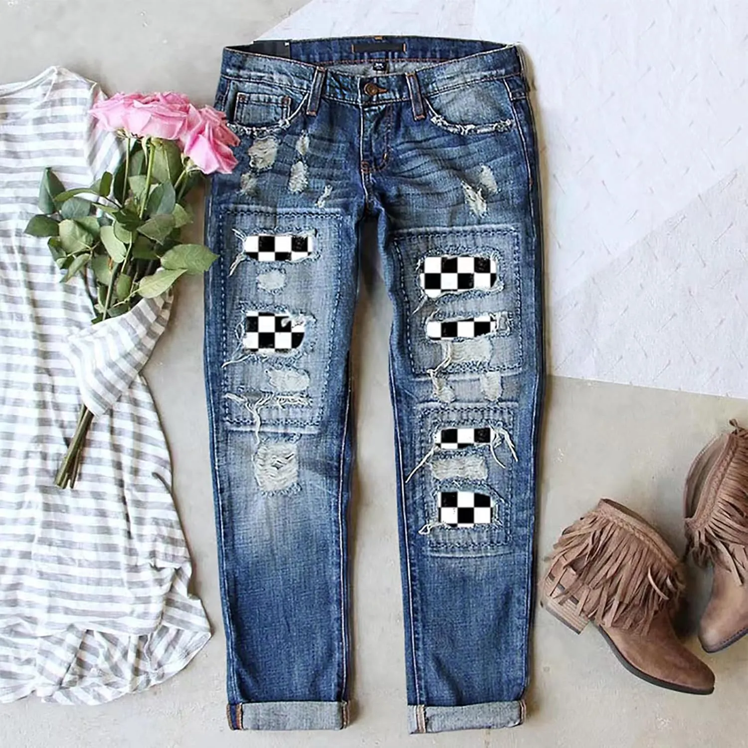 Womens Ripped Jeans Plaid Patch Boyfriend Skinny Middle Waist Distressed Denim Jean Pants
