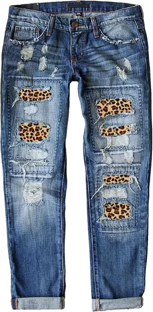 Womens Ripped Jeans Plaid Patch Boyfriend Skinny Middle Waist Distressed Denim Jean Pants