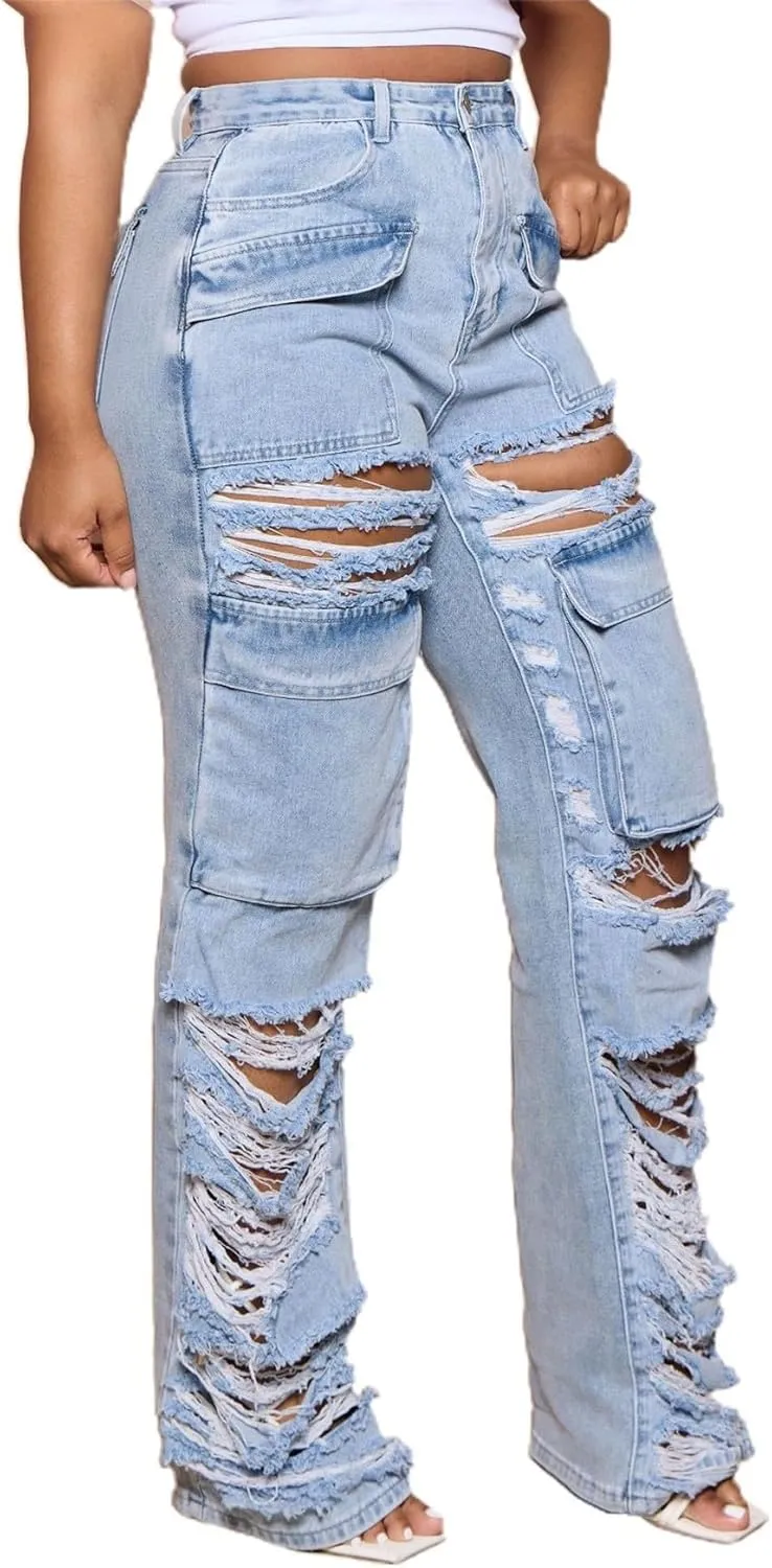 Women's Ripped Wide High Waist Jeans,Regular Fit Boyfriend Distressed Denim Pants with Hole